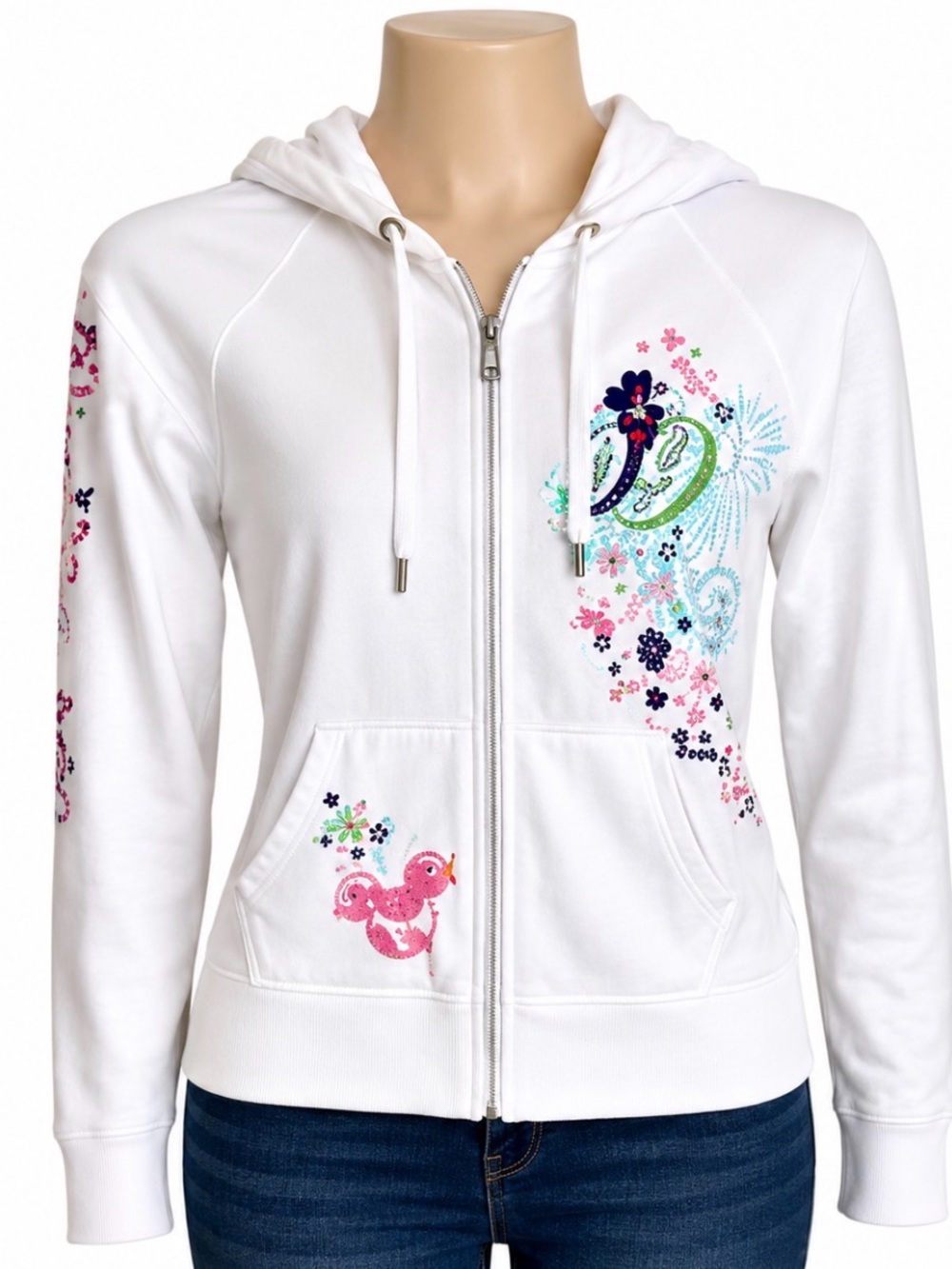 Walt Disney World 2009 White Zip Front Embroidered Long Sleeve Hoodie Size Large